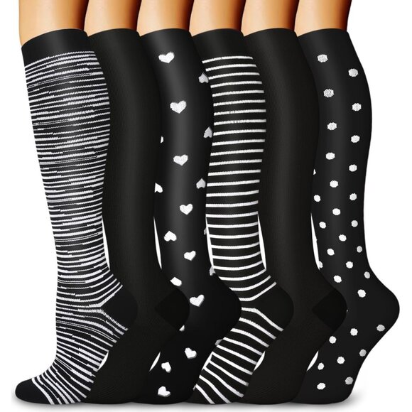 Women's Black & White 6 Pairs Compression Socks 15-20mmhg Compression Stockings - Picture 1 of 6